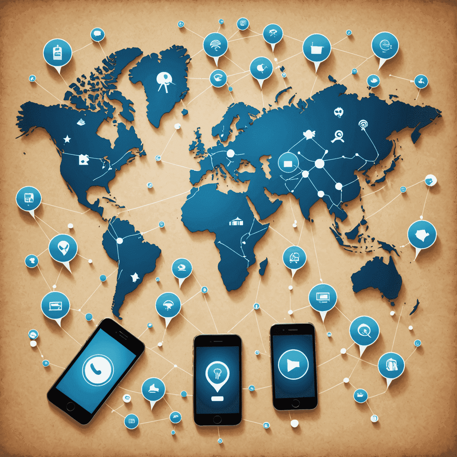 صورة لخريطة العالم مع رموز الاتصال والهواتف المحمولة تظهر في مختلف البلدان، مما يوضح مفهوم التجوال الدولي